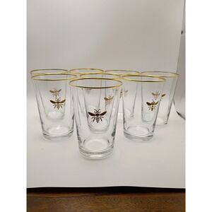 Williams Sonoma Honeycomb Gold Bee Tumblers Glasses Set of 8 Gold Rim 4.5 Inch